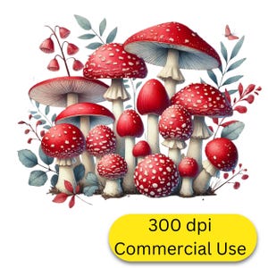Champignons rouges avec des taches blanches, clipart PNG.  Téléchargement instantané.  Champignons numériques fantaisistes de conte de fées, usage commercial