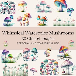 Lot de cliparts lunatiques champignons aquarelles.  PNG Téléchargement instantané.  Graphiques aux couleurs vives, Champignon mignon numérique, Usage commercial