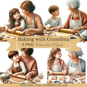Cuisiner avec grand-mère clipart PNG. Cuisine festive, clipart Noël aquarelle. Le pain d'épice, un produit artisanal de saison. Lot de cliparts