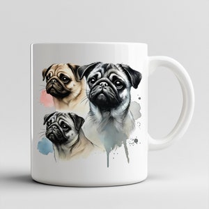 Watercolor Pug Mug, Cute Dog Lover Gift, Animal Coffee Cup, Pet Owner Tea Mug, Unique Hand-painted Design, Fun Cartoon Puppy Cup