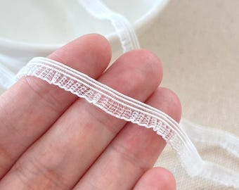 Thin Pleated Lace Trim White Beautiful Girly Elastic Stretchy Mesh Lace Fabric Baby Blue Ruffled Soft Lingerie Doll Craft 0.25" Wide 1 Yard