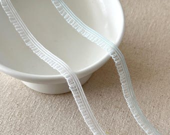 Thin Pleated Lace Trim White Beautiful Girly Elastic Stretchy Mesh Lace Fabric Baby Blue Ruffled Soft Lingerie Doll Craft 0.25" Wide 1 Yard