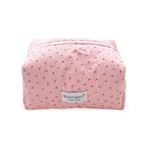 Pink Cherry Makeup Bag Cherry Stripe Quilted Cotton Bow Cosmetic Bag Gift For Her Toiletry Bag Makeup Bag Cute Trendy Aesthetic Pouch Floral