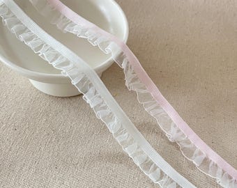 Ruffled Tulle Stretchy Lace Trim White Beautiful Girly Pink Elastic Mesh Lace Fabric Ruffled Soft Lingerie Doll Craft 0.62" Wide 1 Yard