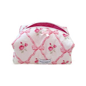 Floral Makeup Bag Rose Cherry Pink Bow Quilted Cotton Cosmetic Bag Gift For Her Toiletry Bag Women Makeup Bag Cute Trendy Aesthetic Pouch