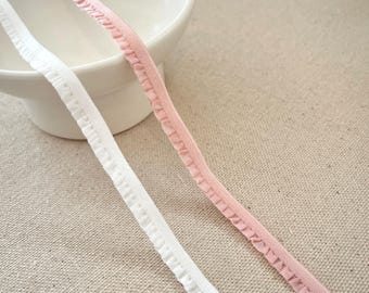 Thin Pleated Lace Trim White Pink Beautiful Girly Elastic Stretchy Lace Fabric Ruffled Soft Lingerie Doll Craft 0.25" Wide 1 Yard