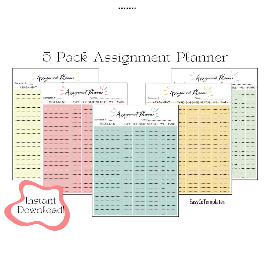 5-pack Simple Digital Assignment Planning Templates, Editable and ...
