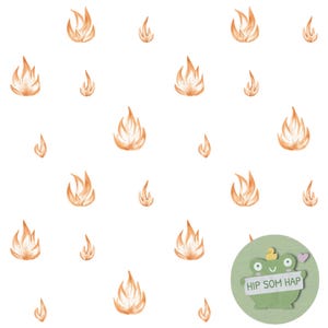 Puede incluir: Ilustración en acuarela con un patrón de llamas naranjas sobre fondo blanco. Un pequeño gráfico circular verde con una rana, un pato y el texto "HIP SOM HAP" se encuentra en la esquina inferior derecha.