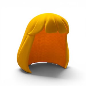 May include: A bright yellow Lego hair piece with a side part and bangs. The hair piece is made of plastic and is designed to fit on a Lego figure's head. The hair has a smooth, curved shape.