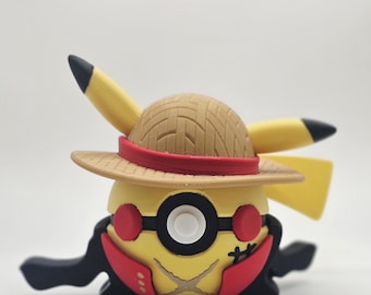May include: A yellow Pikachu figurine wearing a straw hat with a red band, black glasses, and a red and black outfit. The figurine has black ears with black tips and a smiling face. The figure is a collectible item.