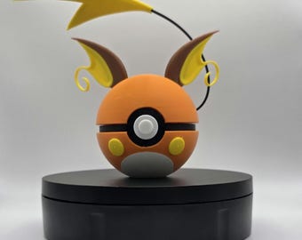 May include: A 3D printed figurine of a Pikachu in its Poké Ball form. The figure is orange and yellow with a black stripe around the middle. The figure is on a black circular base.