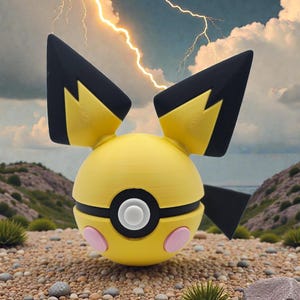 May include: A yellow and black cartoon character with pink accents, resembling a ball with ears, stands on a rocky surface. The background features a cloudy sky with a lightning bolt.