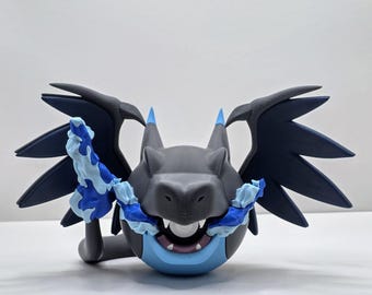 May include: A 3D-printed Charizard figure, featuring a gray body, blue accents, and dark blue wings. The flames are a mix of light and dark blue. This collectible figure is a detailed representation of the character.