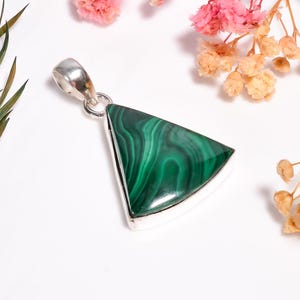 925 Silver Malachite Triangle Pendant Necklace, Handmade Crystal Gemstone Vintage Necklace, Malachite Pendant For Women, Gift For Sister
