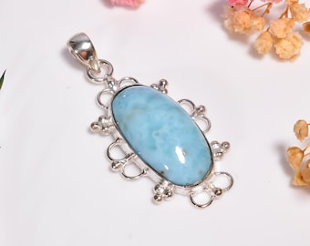 Blue Larimar Necklace Pendant | 925 Silver Handmade Larimar Gemstone Necklace | Women Neckleace | Larimar Jewelry | Birthstone Pendent