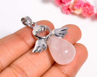 Rose Quartz Gemstone Angel Wings Pendant, Handmade Tear Drop Charms, 925 Silver Guardian Angel Wings Gemstone Pendant Necklace, Gift for Her