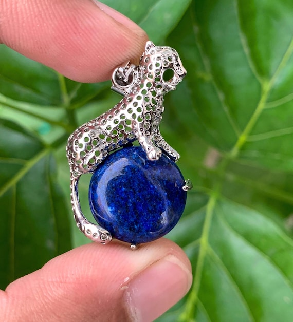 Leopard Pendant, Lapis Lazuli Gemstone Animal Necklace, 925 Silver 