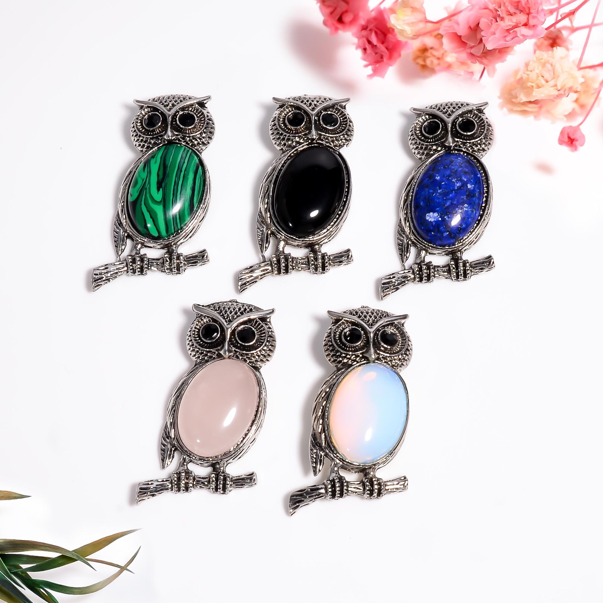 Owl Pendant, Green Malacite Pendant, 925 Sterling Silver Pendant, Onyx, Lapis Lazuli, Rose Quartz, M