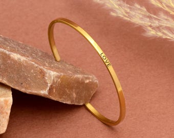 Love Bracelet for Women | Engraved Gold Cuff | Minimalist Adjustable Bangle | Dainty Jewelry Gift | Romantic Everyday Bracelet