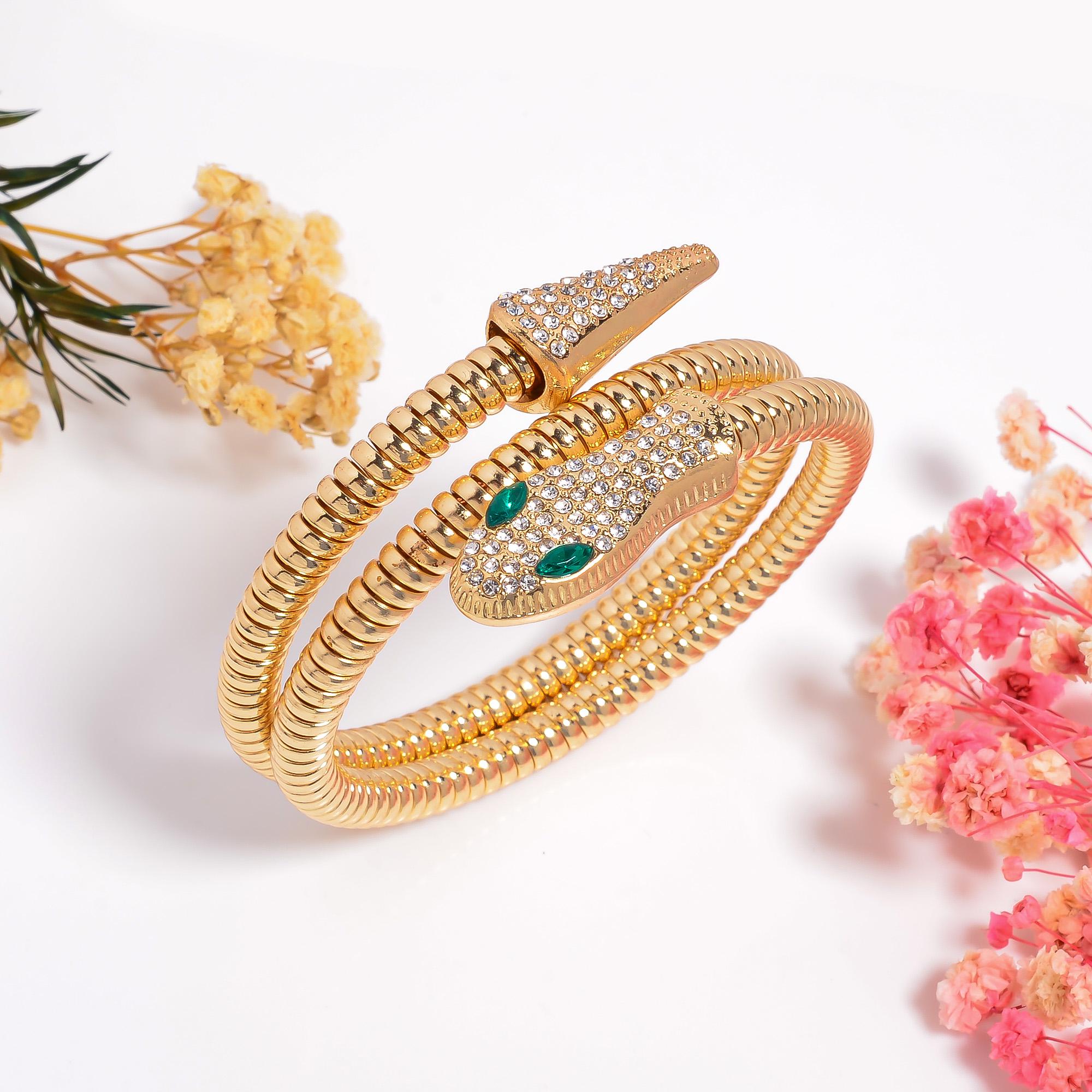 Adjustable Gold Snake Bangle Bracelet – Crystal Pavé Serpent  display picture 2