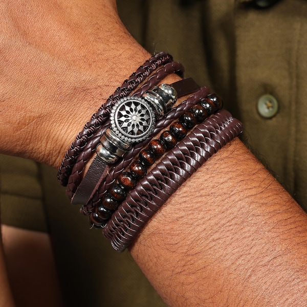Bracelet en cuir multicouche marron pour homme | Bracelet Wrap perlé pour homme | Bracelet marron vintage | Bracelet superposé bohème | Cadeau pour lui
