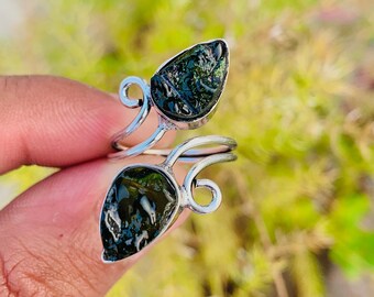 Moldavite Chip Ring, 925 Sterling Silver Gemstone Ring, Raw Moldavite Adjustable Ring, Republic Moldavite Raw Gemstone Ring, Unisex Ring