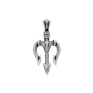 May include: A silver-coloured pendant in the shape of a trident. The pendant has a detailed design with a central spearhead and curved tines. The top features a decorative bail for a chain. The pendant is likely made of metal.