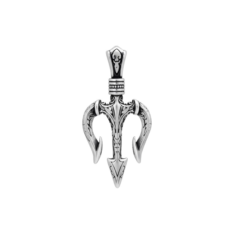 May include: A silver-coloured pendant in the shape of a trident. The pendant has a detailed design with a central spearhead and curved tines. The top features a decorative bail for a chain. The pendant is likely made of metal.