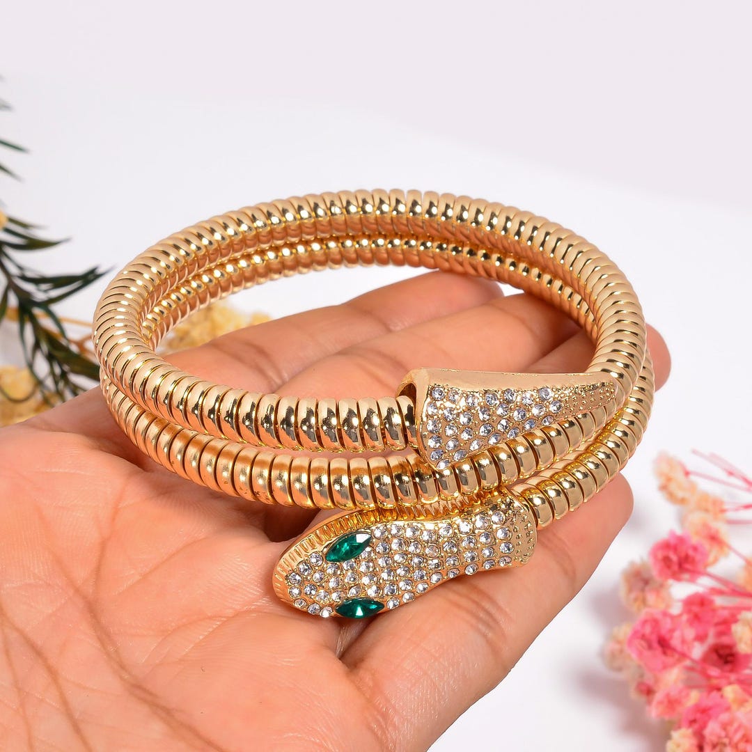Adjustable Gold Snake Bangle Bracelet – Crystal Pavé Serpent Arm