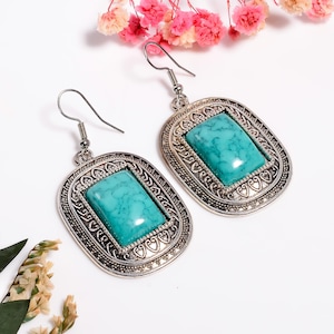 Turquoise Statement Earrings, 925 Antique Silver Jewelry, Handmade Oxidized Gemstone Earrings, Tibetan Turquoise Gemstone Earring for Her