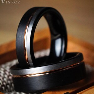 Schwarzer Wolframring mit Roségold-Inlay - Herrenring, Wolframring, Wolframring für Männer, 8 mm Ring, mattes Finish