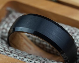 Black Tungsten Ring with Inner Wood Lining - Men Whiskey Barrel Wedding Ring, Wooden Engagement Ring For Him, Tungsten Wedding Bands For Him
