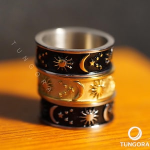 Sun and Moon Ring – Women’s Celestial Stainless Steel Band, Gold & Black Astrology Ring, Cosmic Jewelry Gift for Her