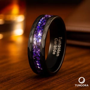 紫色の星雲インレイ付きブラックタングステンリング - メンズ結婚指輪 8mm