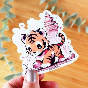 Sticker kawaii Tigre dans le temple | Sticker à offrir, sticker bouteille d’eau, sticker smartphone, sticker journal, sticker kindle