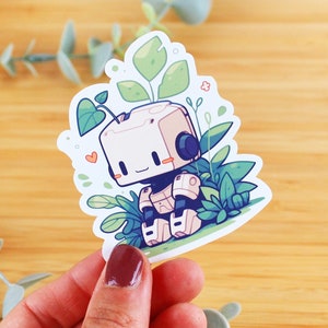 Pegatina Kawaii Robot y naturaleza | Pegatina para ofrecer, pegatina para botella de agua, pegatina para smartphone, pegatina para periódico, pegatina para kindle