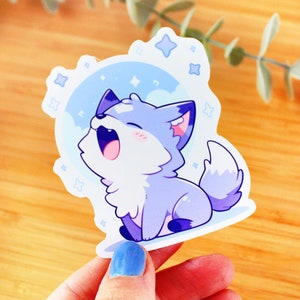 Sticker kawaii Loup à la lune | Sticker à offrir, sticker bouteille d’eau, sticker smartphone, sticker journal, sticker kindle