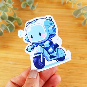 Vinylaufkleber Roboter auf Motorrad | Wasserflaschen-Aufkleber, Kawaii-Aufkleber, Journal-Aufkleber, wasserfester Aufkleber, süßer Aufkleber