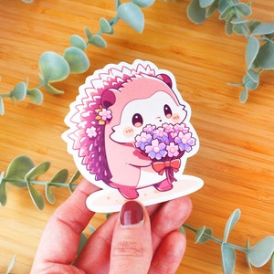 Sticker kawaii Hérisson au bouquet | Sticker vinyle, sticker bouteille d’eau, sticker smartphone, sticker journal, sticker kindle