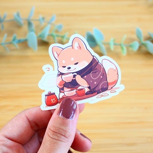 Sticker kawaii chien cérémonie du thé | Sticker à offrir, sticker bouteille d’eau, sticker smartphone, sticker journal, sticker waterproof