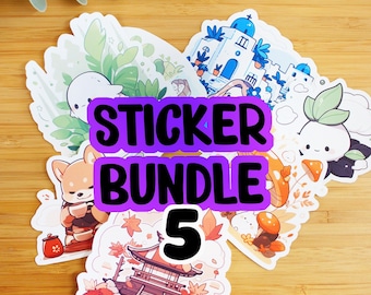 May include: A sticker bundle with the text "Sticker Bundle 5" in purple letters. The stickers feature various illustrations, including a small white building with blue accents, a small fox holding a cup, a small mushroom, and a small temple with red accents.