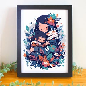 Lámina artística Madre e hijo | Póster del Día de la Madre, ilustración kawaii, arte de pared para dormitorio, póster infantil, impresión de arte decorativo