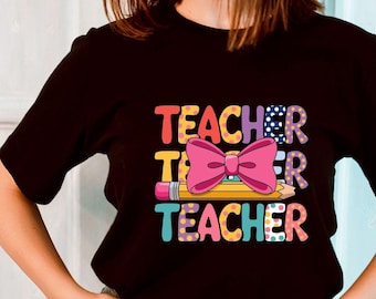 Colorful Teacher Shirt with Bow & Pencil – Back to School Graphic Tee