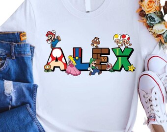 Super Mario Custom Name Shirt, Mario Character Party Tee