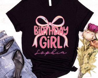 Personalized Birthday Girl T-Shirt, Coquette Bow Party Tee