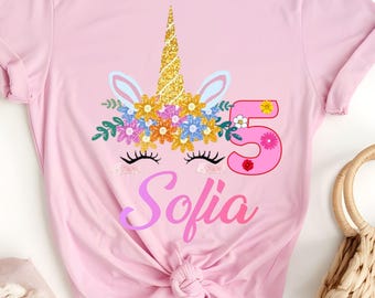 Personalized Unicorn Birthday Girl Shirt | Rainbow Number Tee
