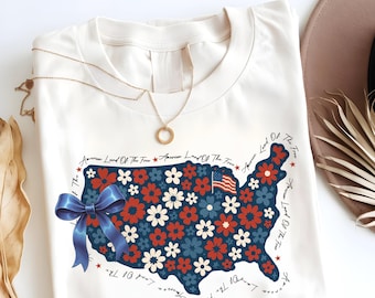 Retro Floral America Shirt, Coquette Bow USA Tee, Girly 4th of July T-Shirt, Floral Patriotic Shirt for Women, Cute American Map Tee