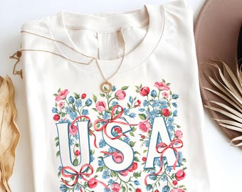 Coquette USA Shirt – 4th of July Tee, Floral Patriotic Shirt, Stars & Stripes Tee, Red White Blue Shirt
