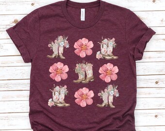 Pink Flower Cowgirl Boots Shirt, Western Graphic Tee, Country Concert Shirt, Cowgirl Tee, Cute Oversized Shirt Gift