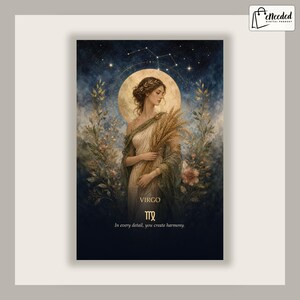 Könnte beinhalten: Ein vertikaler Digitaldruck zeigt eine Frau, die Weizenähren vor einem großen Mond und einem dunklen Sternenhimmel hält. Der Text lautet VIRGO, das Tierkreiszeichen und der Satz In every detail, you create harmony. Blumenelemente umrahmen die Figur.
